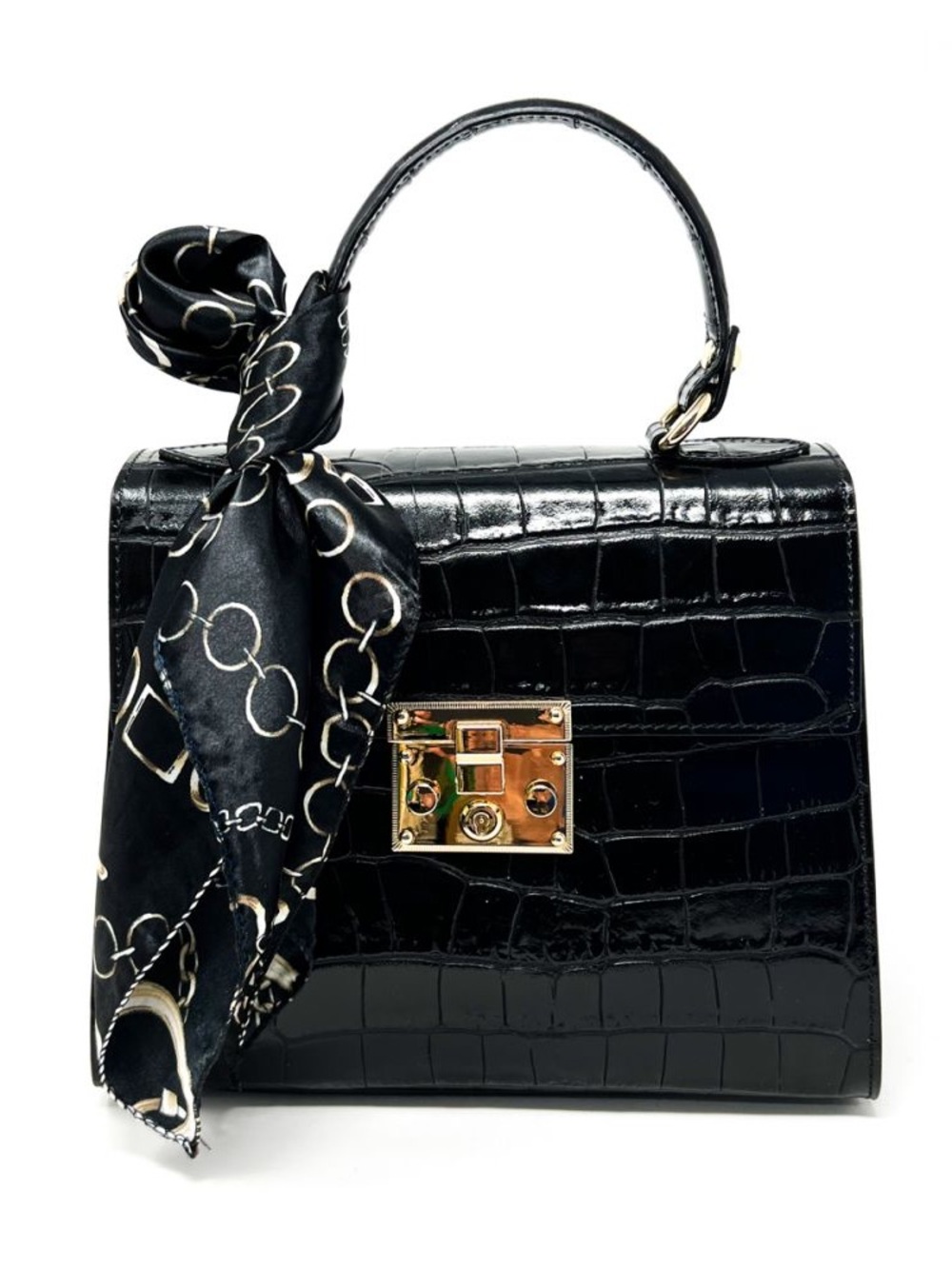 German Fuentes Black Croc Embossed Leather Handbag w/ Scarf